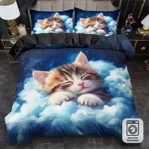 3-Piece Cartoon Animal Cat Print Bedding Set, Cute Room Bedding, Soft Comfortable Fabric, Easy Care, Decorative Bedsheet Sets