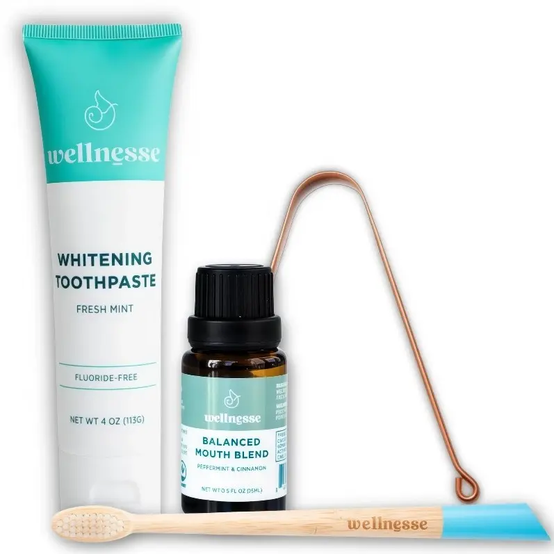 Wellnesse | Oral Hygiene Kit - Fluoride-Free Whitening Toothpaste, Organic Mouthwash, Copper Tongue Scraper & Bamboo Toothbrush for Healthy Teeth