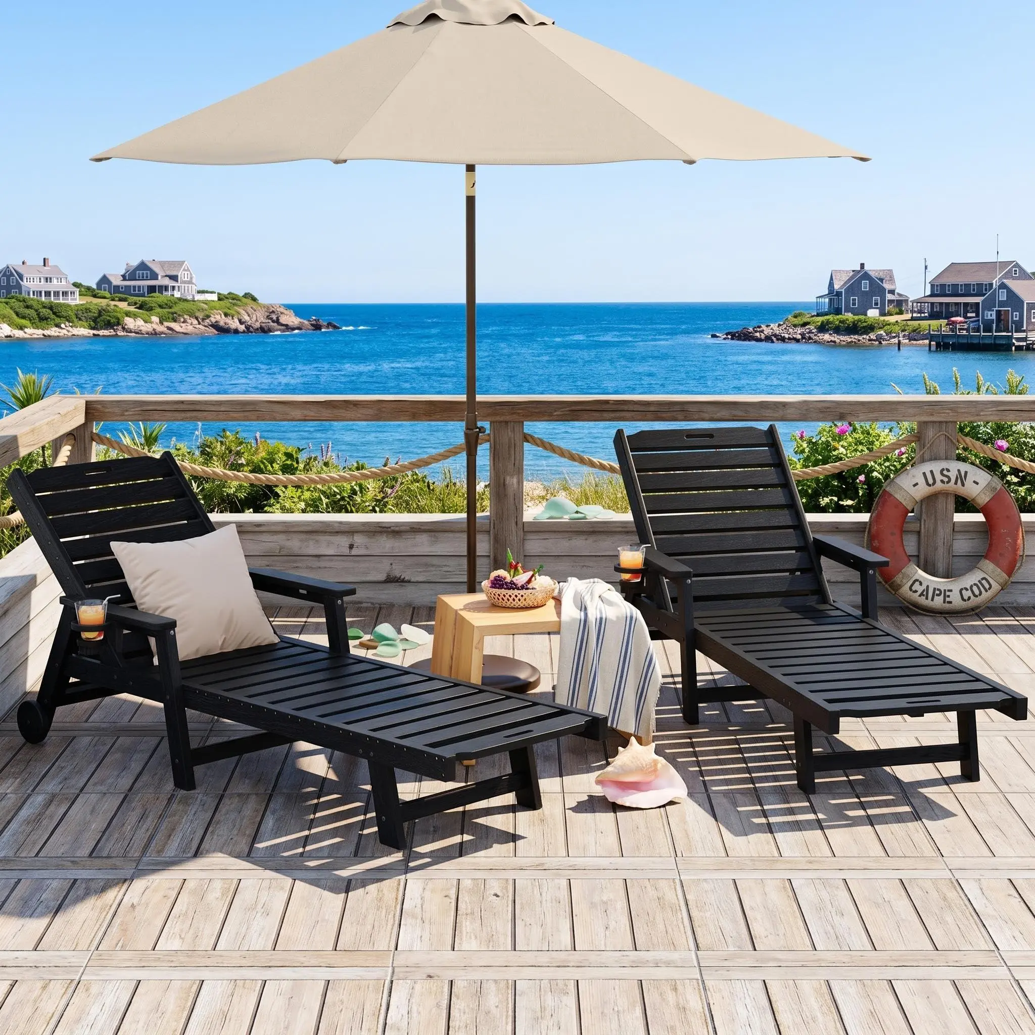 GARVEE Lounge Chair Outdoor Set of 2 with Wheels & 5-Position Adjustable Backrest, Oversized Chaise Lounge with 2 Move Handle, HDPE Lounge Chair w/Detachable Cup Holder, for Patio, Pool,Black