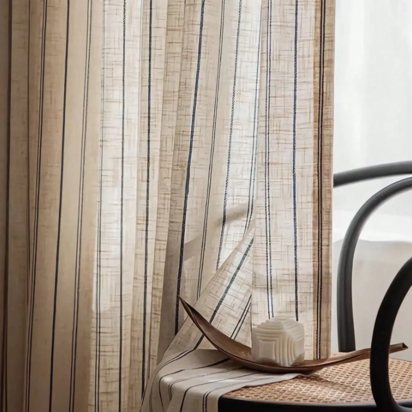 1pc Blue Linen Stripe Curtain for Windows, Thick Fabric Light Filtering, Detachable Hole Design, Living Room Bedroom Balcony, Casual Cross Texture, Window Striped Curtains, Home Decoration Curtain