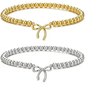 2count Dainty Beaded Bracelet Set for Women - Waterproof Silver Gold Bow Charm Stretch Ball Handmade Stackable Bracelets, Trendy Adjustable Jewelry Birthday Gifts for Her-USA