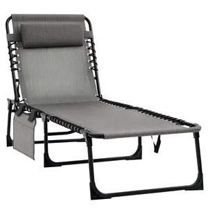 Outsunny Reclining Chaise Lounge Chair, Portable Sun Lounger, Folding Camping Cot with Adjustable Backrest and Removable Pillow, for Patio, Garden, Beach, Brown