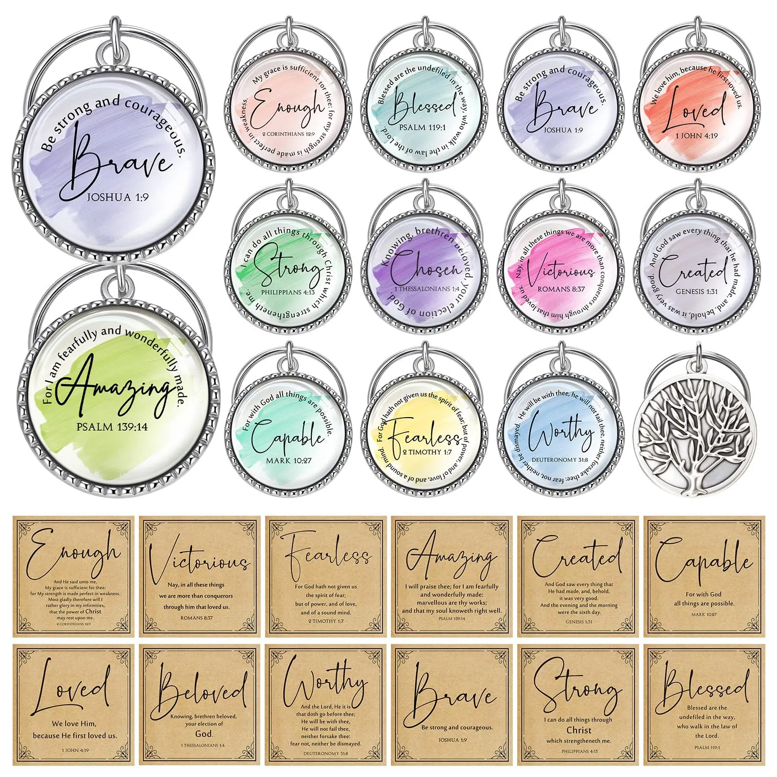 24Sets Bible Verse Keychain with Inspirational Cards Christian Keychains with 3D Tree of Life Motivational Gifts for Employees Coworkers Church Members Pastors Bible Study Group Sunday School Baptism Gifts Thanksgiving Christmas Gift