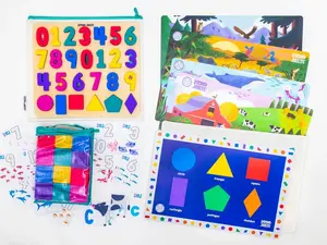 Bright Beginnings Bundle- Includes 1. 123 Find & Fit Puzzle, Squeeze & Stack Blocks, 4 “Farm Sea to Shining Sea”,Shapes Placemats with Canvas Storage Bag & Printables - Fun Play & Interactive Learning Activity Kit For Toddlers & Kids