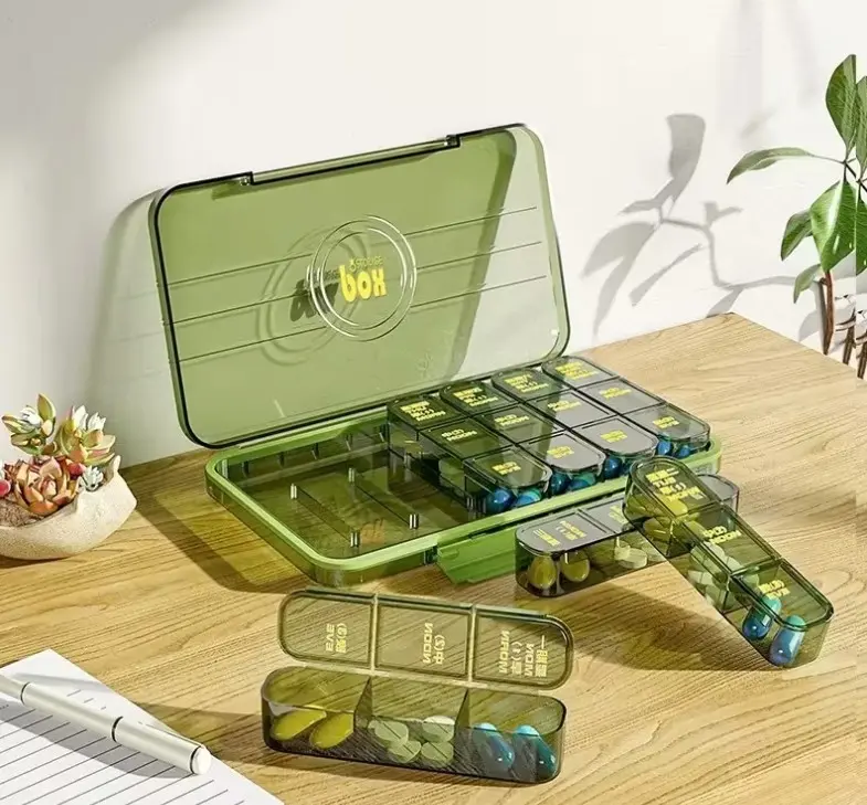 Weekly Pill Organizer 21 Compartments Pill Box 7 Day Medicine Vitamin Storage Case Portable Travel Pill Container with Lids Green and Brown Options