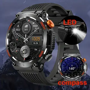 Sports Outdoor Smart Watch with Compass, LED Flashlight, Fitness Tracker, Pedometer, Multimedia Message Viewer, IP67 - Black and Orange, 1. 46" IPS+TFT Display, Rechargeable Lithium Battery, Compatible with Android/for iPhone, Ideal for Men and Women, Out