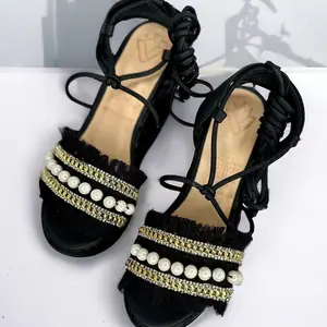 Fashionable Strap Wedge Sandal, Elegant Pearl Decor Footwear for Womens fashionable slipper Walking Shoes Girl female all-match
