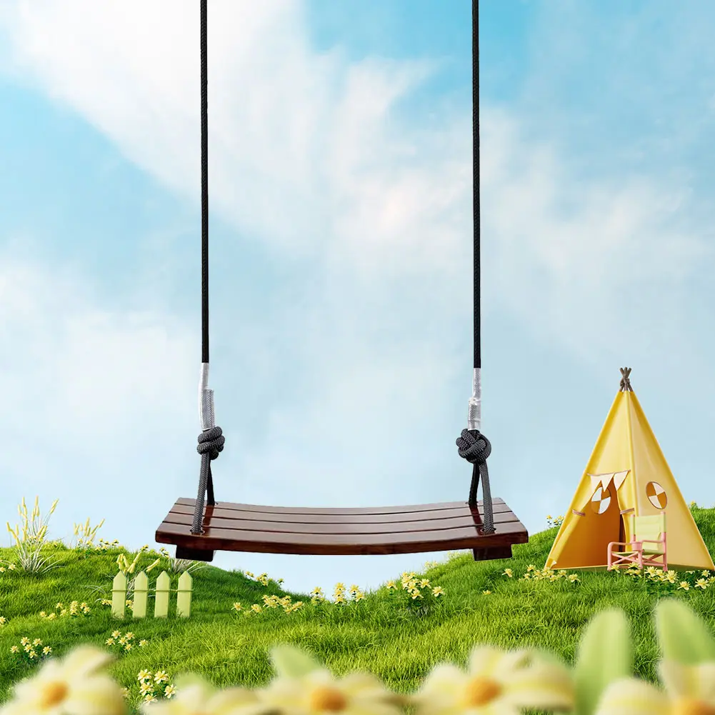 Solid Wood Swing One Seat Simple Swing Maximum Load 440Lbs Wooden Swing Seat Adjustable Rope Length Outdoor Rope Swing for Garden Patio Yard