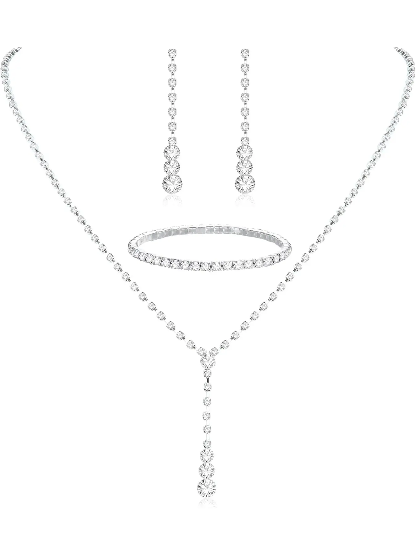 CASSIECA Silver Bridal Jewelry Set Rhinestone Necklace Bracelet Dangle Earrings for Bride Bridesmaid Teardrop Pendant Crystal Wedding Prom Jewelry Accessories for Women