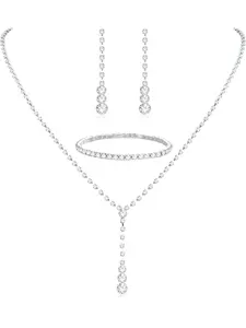 CASSIECA Silver Bridal Jewelry Set Rhinestone Necklace Bracelet Dangle Earrings for Bride Bridesmaid Teardrop Pendant Crystal Wedding Prom Jewelry Accessories for Women
