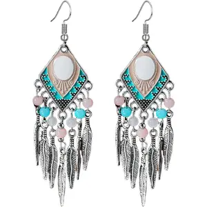 Blue Turquoise Dream Catcher Feather Earrings for Women Vintage Bohemian Western Jewelry Native American Indian Dream Catcher Feather Dangle Earrings