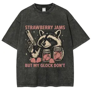 Vintage Strawberry Jams Raccoon washed T-Shirt | Retro Trash Panda Tee, Funny Animal Pun, Raccon Gun Meme, Trendy Animal Lover Gift, Casual Crew Neck, Slight Stretch Fabric, Regular Fit, All-season.