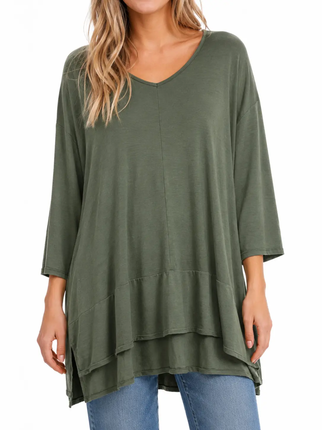 Olive Green V-Neck Tunic Top – Relaxed Layered Hem Oversized Blouse
