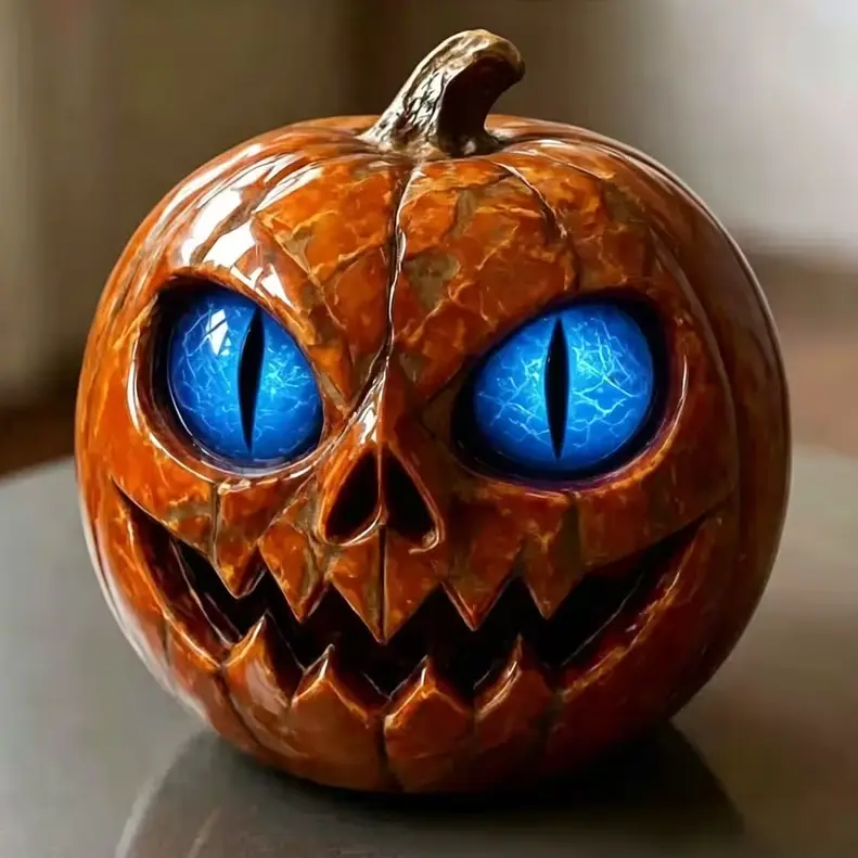 Color-Changing LED Halloween Pumpkin Decor, Creepy Glowing Cat-Eye Jack-O'-Lantern, Spooky Tabletop Ornament for Home Party, Battery Operated Light-Up Pumpkin Statue, Scary Halloween Props for Indoor Decoration,