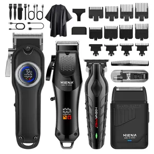 Hiena  Men's Professional Haircut Kit, Wireless Digital Trimmer Set, Beard Nose Hair Clipper, Multiple Combs & Apron Included