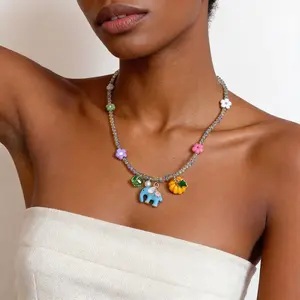 Hypoallergenic Cute Blue Elephant Pumpkin Pendant Necklace, Colorful Beaded Flower Choker for Girls, Sweet Gift for Daughter, Niece, Best Friend, Ideal for Summer, Holiday, Party & Everyday Wear