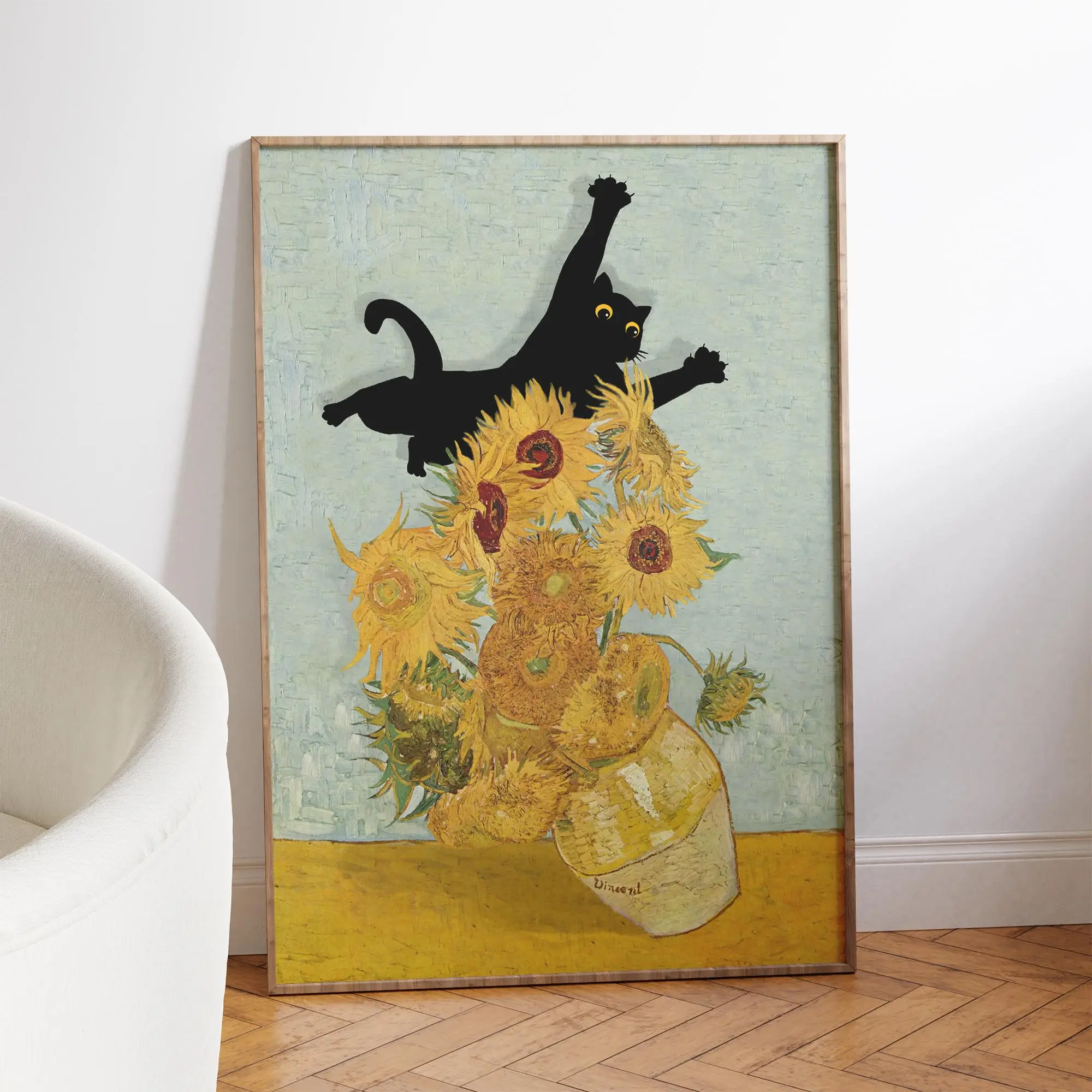 Cat Van Gogh Sunflowers Still Life Print, Funny Gift for Cat Lovers, Trendy Home Decoration