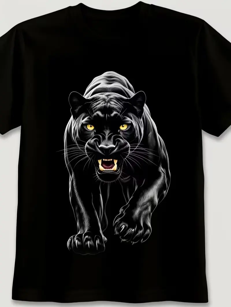 Dynamic Black Panther Graphic Tee Fierce Leaping Panther Design with Intense Expression on Solid Black Background Bold Crew Neck Style for Animal Lovers Stand Out with This Aggressive Panthpure Breathable Sweat-Wicking And Soft Suitable for Daily