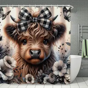 Bathroom Four-Piece Set, Animal Cow Print, Shower Curtain, Bath Mat, Toilet Seat Cover, Foot Mat, Soft and Fine, Elegant Design, Gift Idea, Shower Curtain Sets