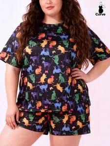 Spring Summer Plus Size Women's Casual Loungewear Set Cute Cartoon Cat Butterfly Print Short-Sleeve T-shirt & Shorts 2-Piece Pajamas Pjs for Home & Daily Outdoor