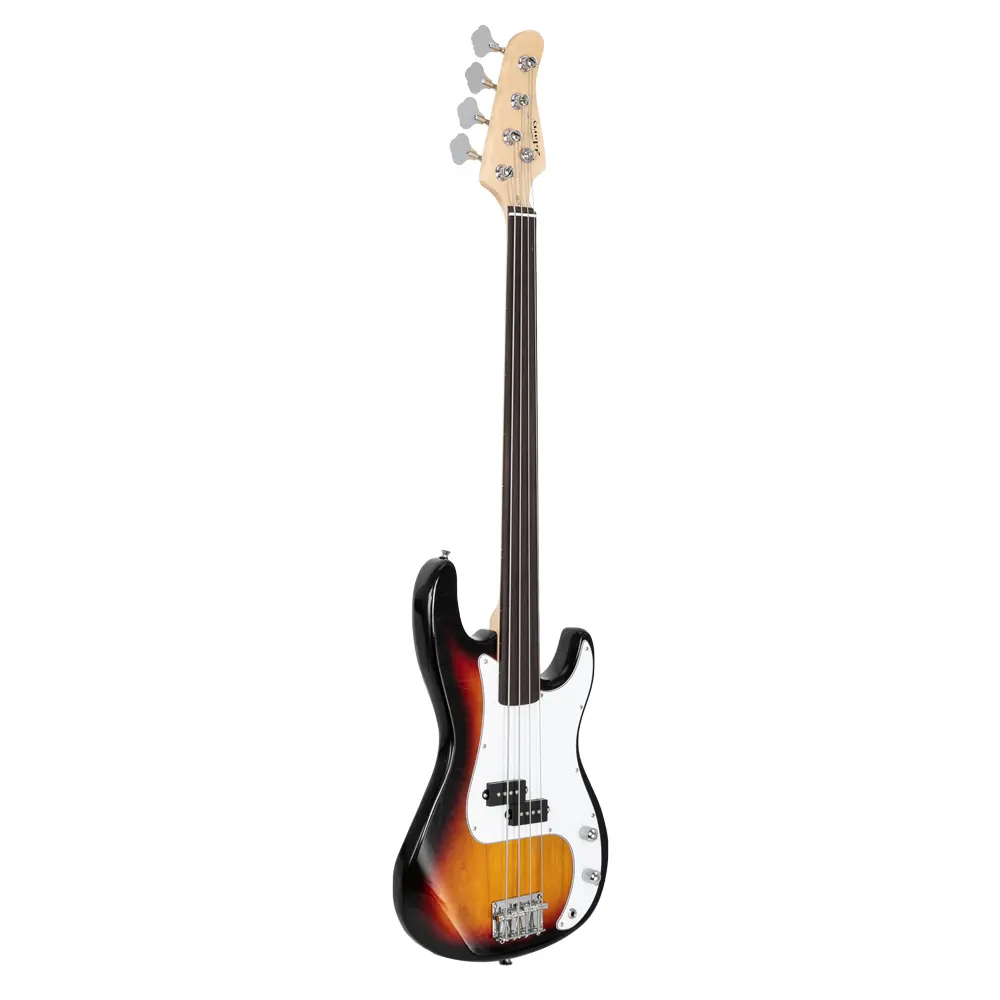 Fretless 4 String Electric Bass Guitar Full Size | Sunset Color | Smooth Neck for Pro Bass Players | Cord & Tool Included Fixed Chrome Hardware Basswood