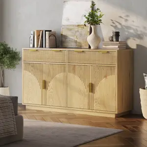 Gyfimoie 55" Wide Fluted Sideboard Buffet Cabinet with Storage & 2 Drawers, Large Buffet Table with Arched Design Doors & Adjustable Shelves, Wooden Accent Cabinet Coffee Bar(Natural)