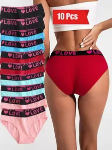 10pcs Women'S Love Heart Pattern Briefs - Comfortable Breathable Wide Waist Underwear, Assorted Colors (Pink, Black, Blue, Red) - Fashionable & Stylish Design for Casual Attire, Comfortable Underwear | Stylish Underwear | Medium Elasticity Fabric