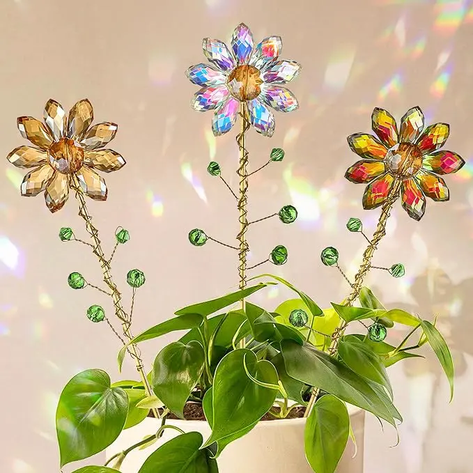 Crystal Flower Suncatchers for Outdoor Garden Potted Plants Decorations, Window Sun Catchers Crystals Rainbow Maker Light Catcher Indoor Outdoor Garden Decor