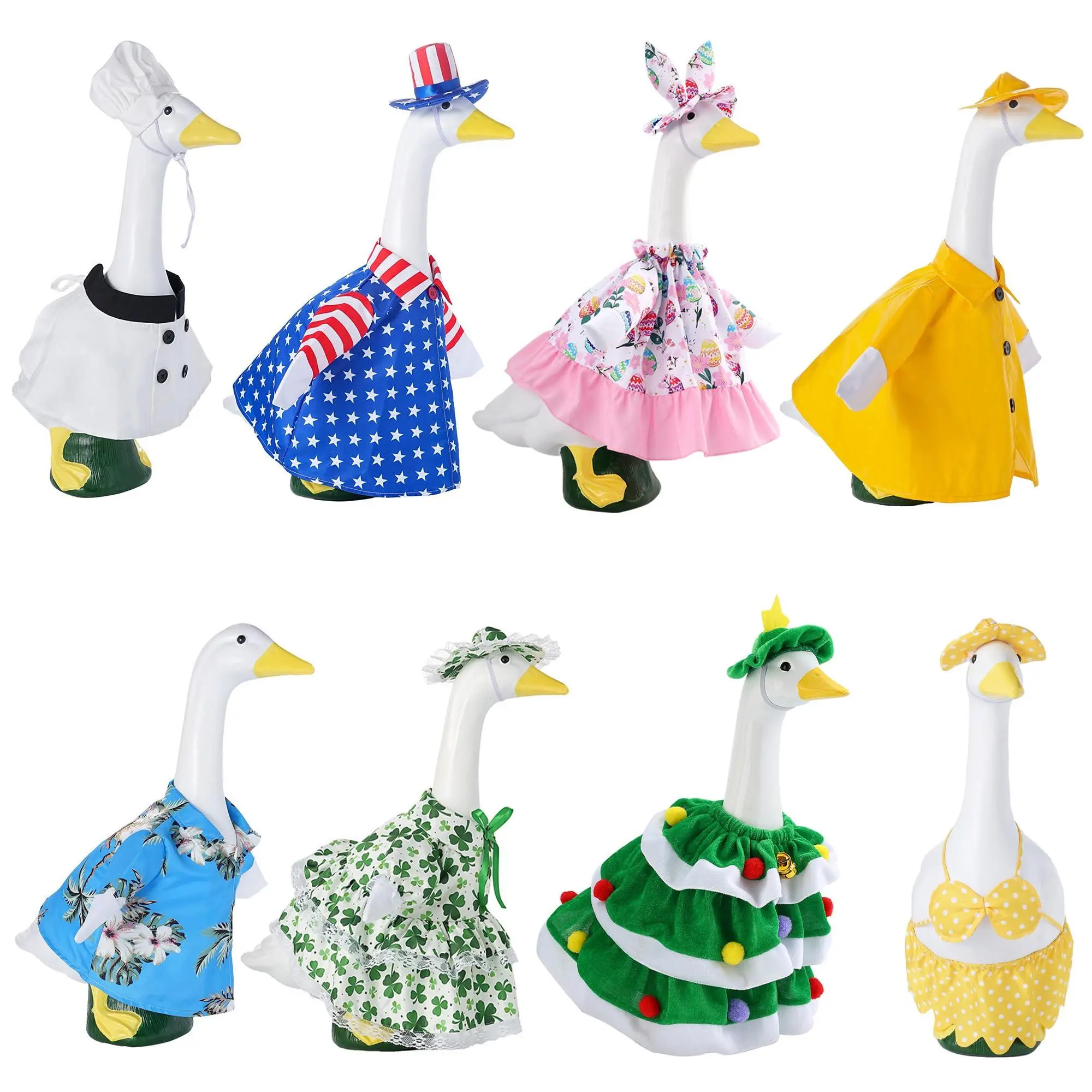 8-Piece Multi-Holiday Costume Set for Porch Goose Statue - Weatherproof Polyester Outfits, Garden Goose Shape Sculptural Decor with Key Holiday Themes, Outdoor Lawn Yard Use