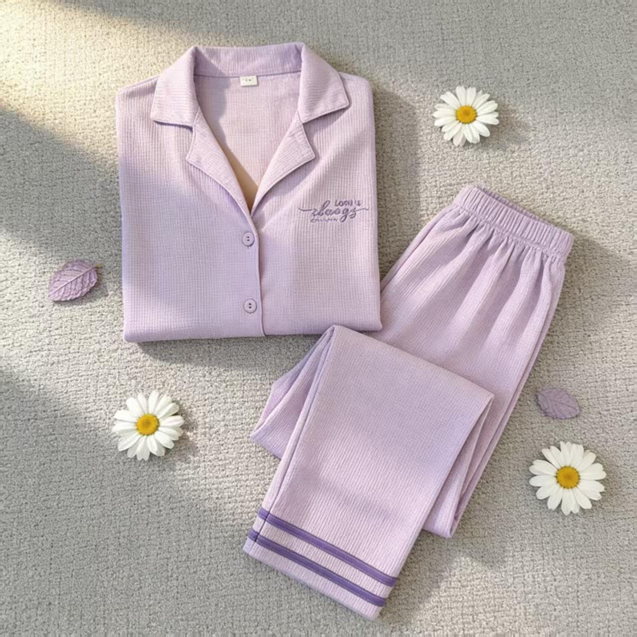 Cute Lavender Waffle Knit Pajama Set for Women  Long Sleeve Button Down Loungewear Sleep Set