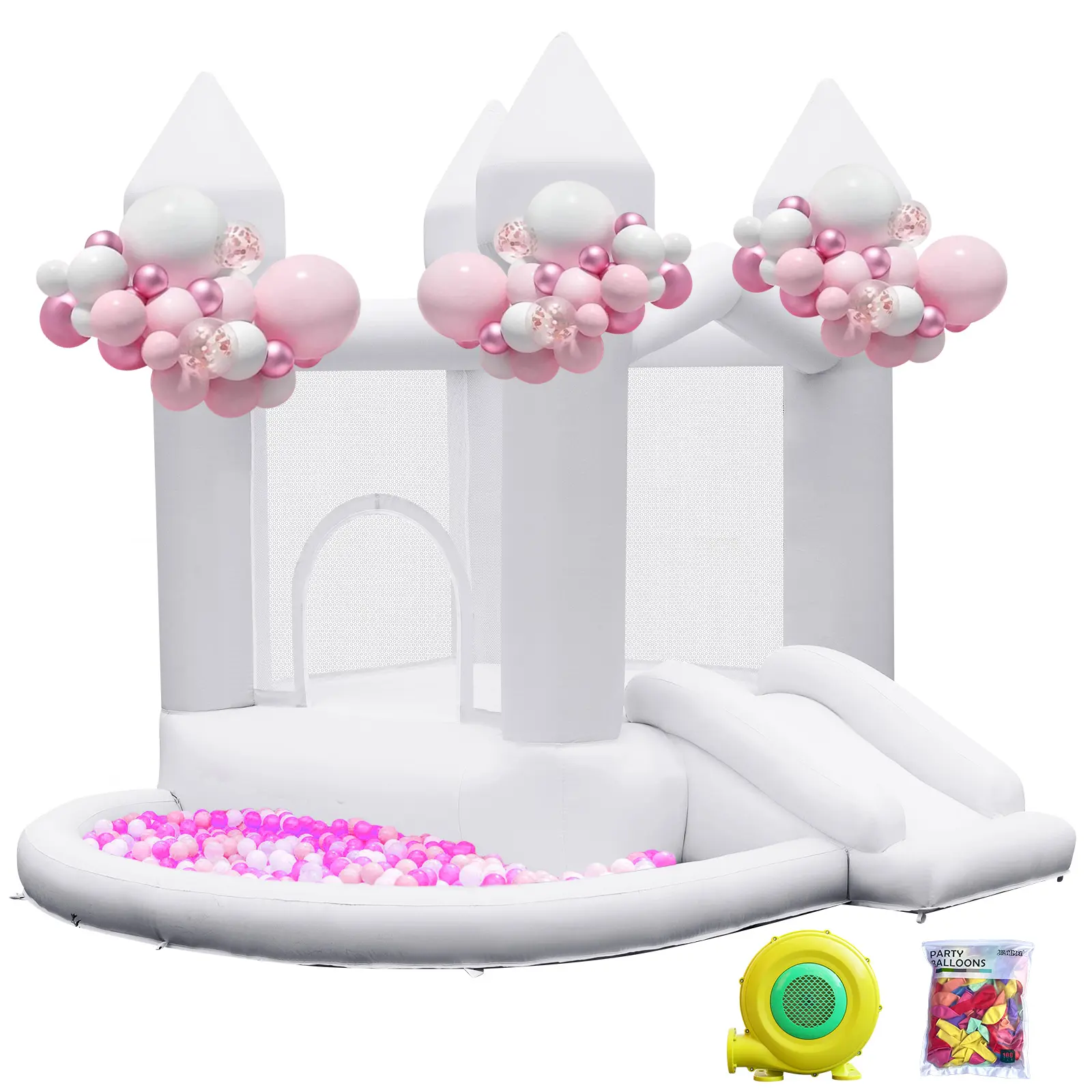 FBSPORT White Bounce House, Inflatable Bouncer with Air Blower, Indoor & Outdoor Bouncy Castle with Big Ball Pit for Wedding Party & Birthday Party