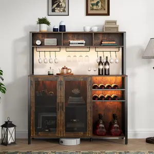 Wine Bar Cabinet with LED Lights, Industrial Coffee Bar Cabinet with 3 Storage Compartments & Wine Rack &Glass Holder
