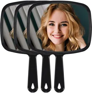 Hand Mirror, Barber Hairdressing Handheld Mirror with Handle for Salon, Square, Black, Large,Pack of 3