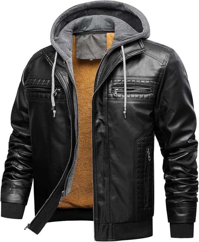 INVACHI Men's Classic Soft Sherpa-Lined Faux Leather Waterproof Winter Bomber Motorcycle Coat - Plain, Casual Menswear with Removable Hood, Dual Zippers, Pockets, Ideal for Pairing with Jeans, Tops