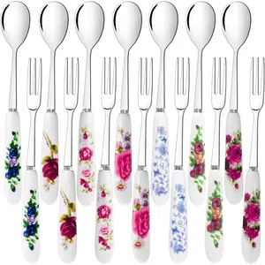 14 Pcs Dessert Forks and Spoons Silverware Set, Stainless Steel Cutlery with Porcelain Handles, Mini Coffee Spoons Pastry Cake Forks Tea Spoons for Dessert Appetizers Salad Fruit