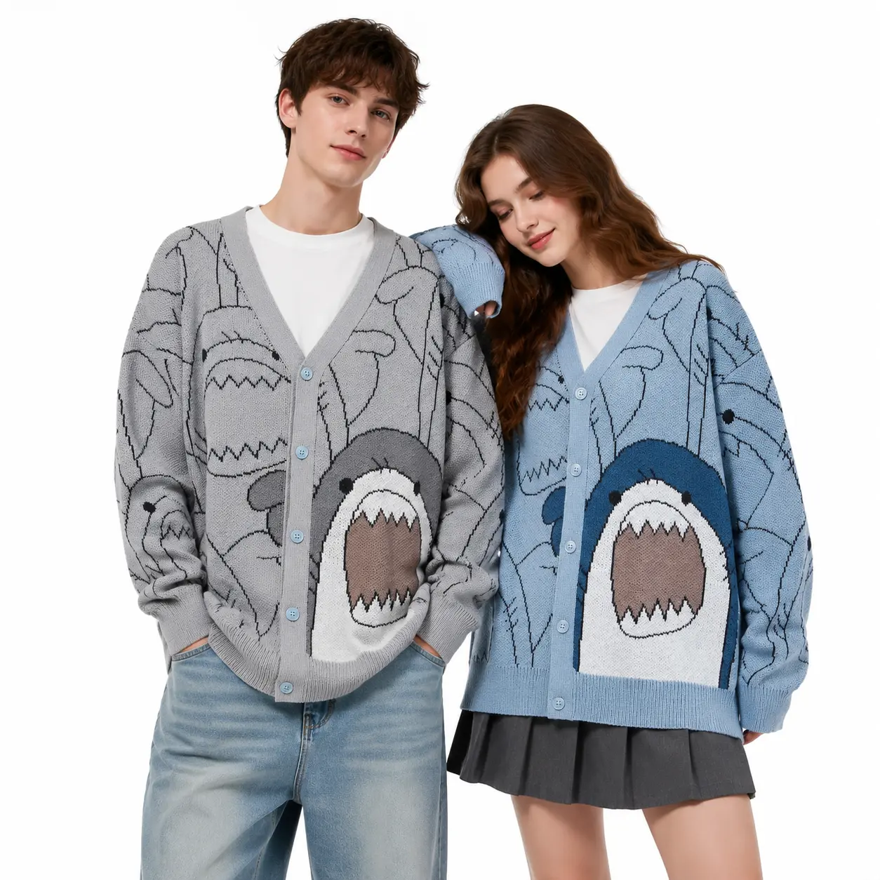 Men's V-Neck Shark Print Cardigan | Casual Loose Fit Knitwear & Matching Couples Sweater Unisex Oversized Shark Graphic Knit Cardigan