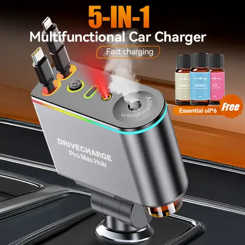 Retractable Fast Charge Car Charger with Fragrance Diffuser - Compact Hands-Free Car Interior Diffusers, Type-C & Lightning Cables, 3 Aromas, Auto Mist Mode, Star Night Light, Space-Saving Unit