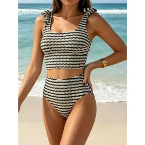 Women's Striped Bikini, Textured Wave Pattern Cropped Top with Ruffle Straps, High Waisted Bottom, Slim Fit Swimwear