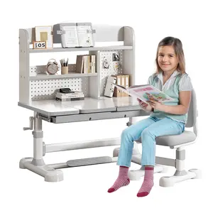Bodonl Study Desk & Chair Set for Kids Adjustable Height Ergonomic Learning Table with Tiltable Desktop Large Storage Drawer Bookshelf Hand-Cranked Lift Sturdy Student Workstation and