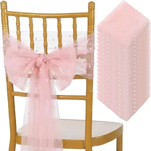 50 Pcs Vintage Chair Sashes Embroidered Boho Bows Rustic Floral Chair Ties for Wedding Bridal Shower Baby Shower Birthday Table Decoration, 7 x 108 Inches(Pearls,Pink)
