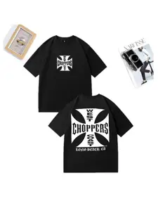 Classic Retro West Coast Iron Cross California Print Pure  Pattern T-shirt for Men, High Street Casual Short-sleeved