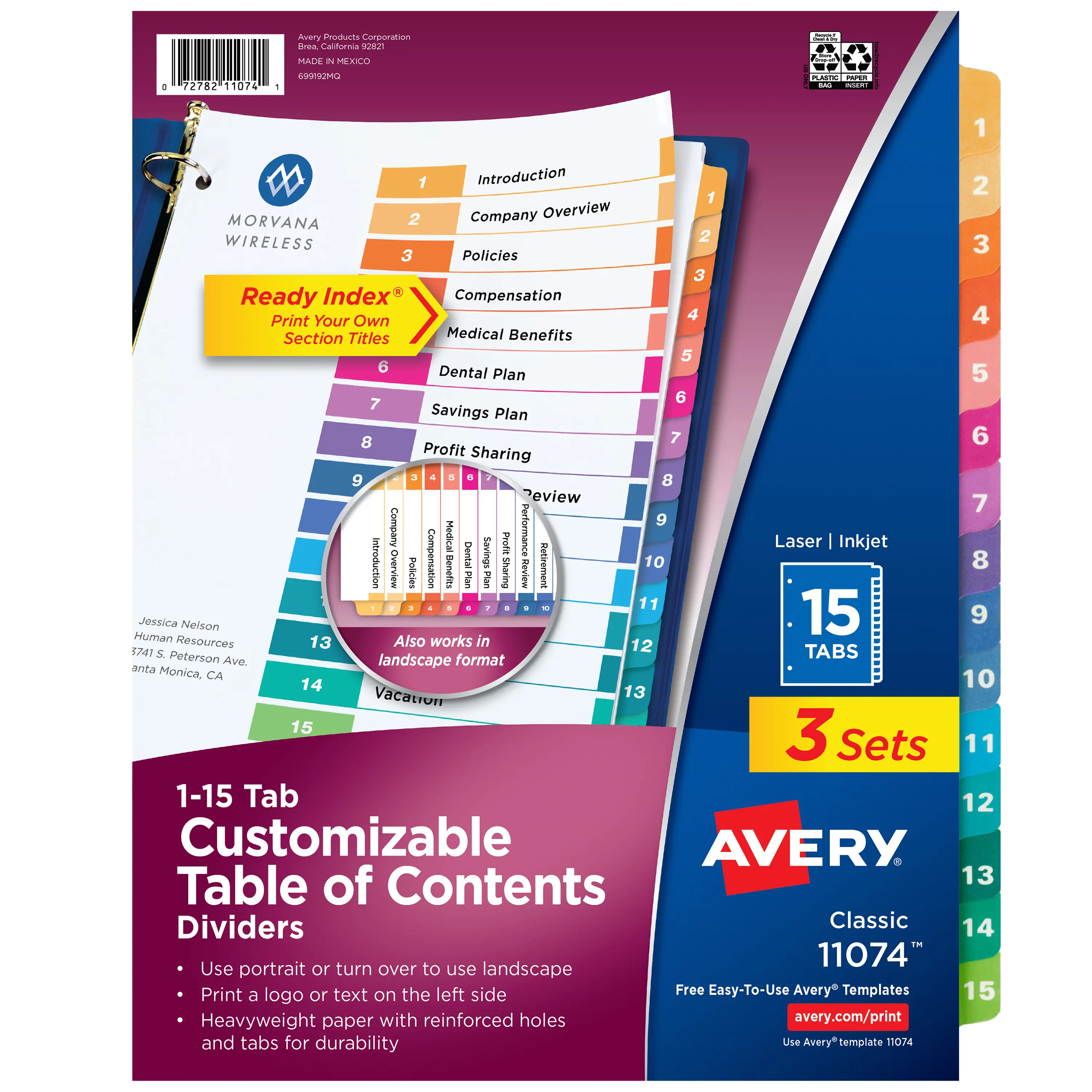 Avery Dividers for 3 Ring Binders, 15 Tabs per Set, Customizable Table of Contents, Multicolor Tabs (3 Sets of 11074)