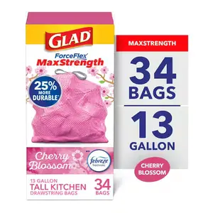 Tall Kitchen Trash Bags 13 Gallon ForceFlex MaxStrength Cherry Blossom Scent 34 Count, Tear-Resistant Eco-Friendly Drawstring. (Pack of 1)