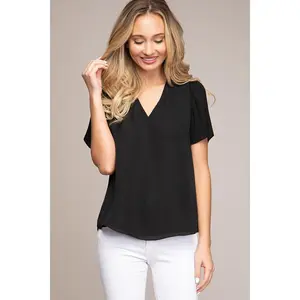 Black Pleated Angel Sleeve Blouse Lightweight Dressy Top