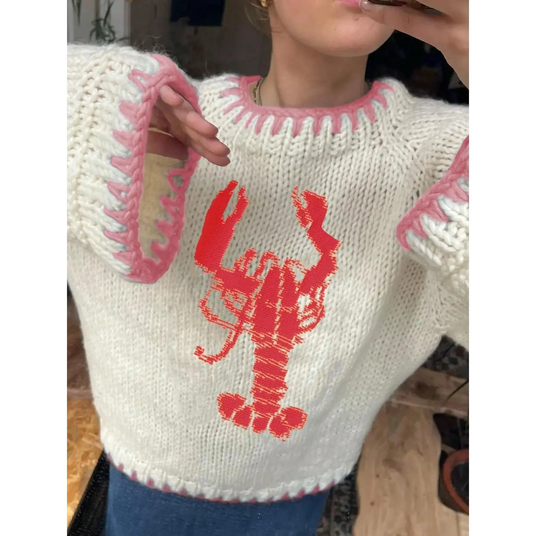 Women's Casual Fitted Sport Knit Top - Fall & Winter Animal Print, Crescent Shape, Lobster Design, Multicolor Casual Wear, Standard Sizes Knitwear