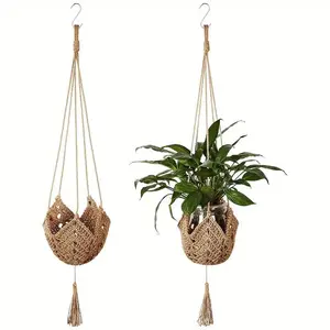 2pcs Boho Macrame Plant Hangers, Jute Crochet Indoor Outdoor Planters, Hanging Baskets with S-Hooks, Lightweight Geometric Hanging Decor for Home Accents