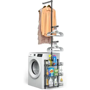 Laundry Room Shelves - Over the Washer and Dryer Storage Shelf, Laundry Hanging Rod with Basket and Hanger Organizer for Laundry Room Organization