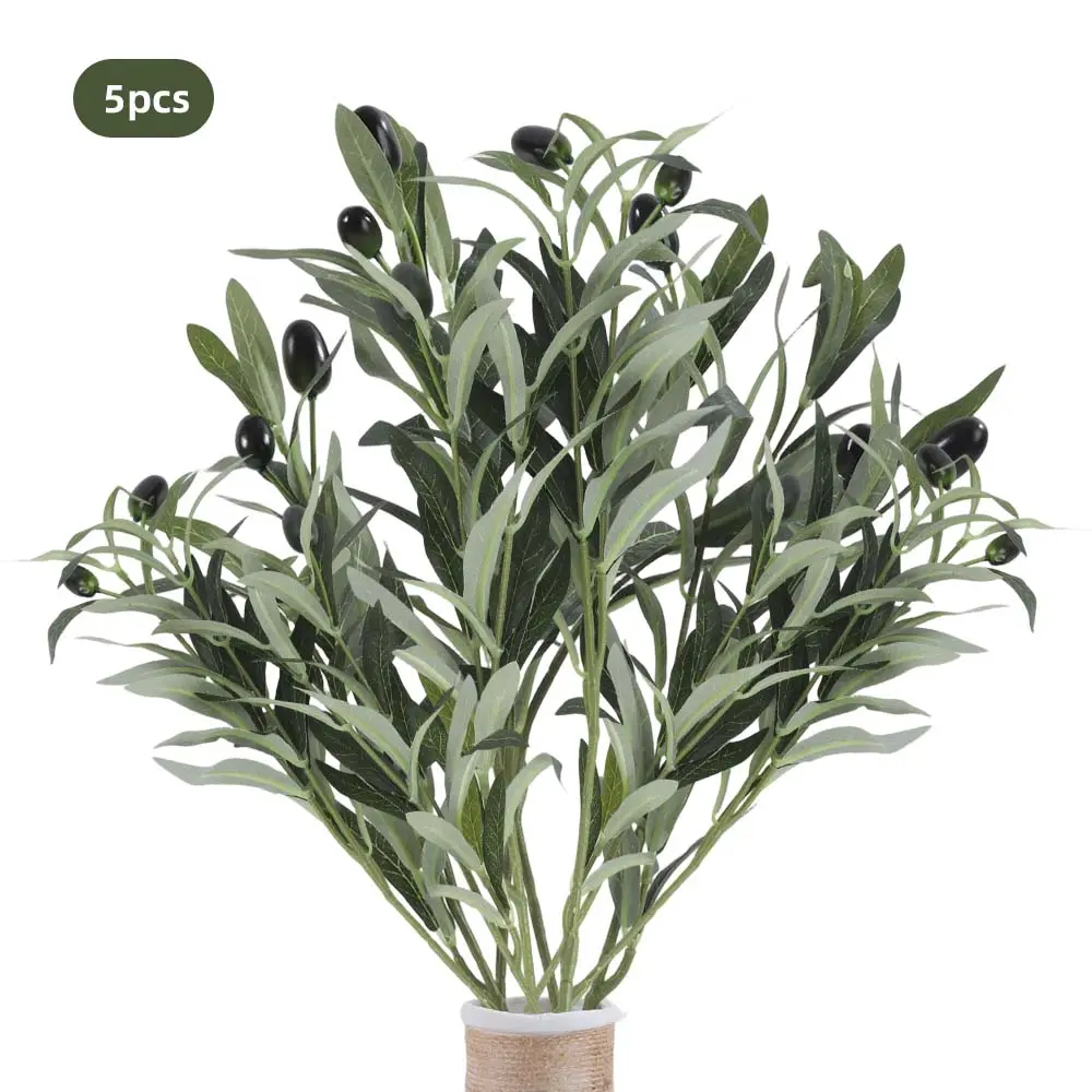 5PCS Faux Olive Branches Ornaments with 72 Leaves, Decorative Artificial Greenery Stems, Fruit-Accented Green Branch Decor for Indoor Vase Displays (Fashion Accessories Collar Clips & Brooches Complementary Decor)