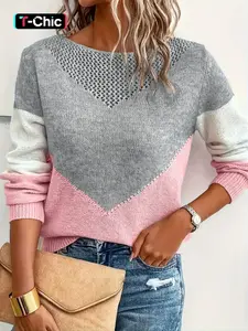 Women's Colorblock Boat Neck Sweater, Basic Casual Fitted Long Sleeve Jumper for Spring & Fall, Fashion Women's Knitwear Knitting for Daily Wear Tops, Womenswear