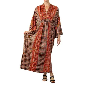 MORPHEW COLLECTION Orange & Black Indian Block Printed Silk Butterfly Sleeve Kaftan Dress